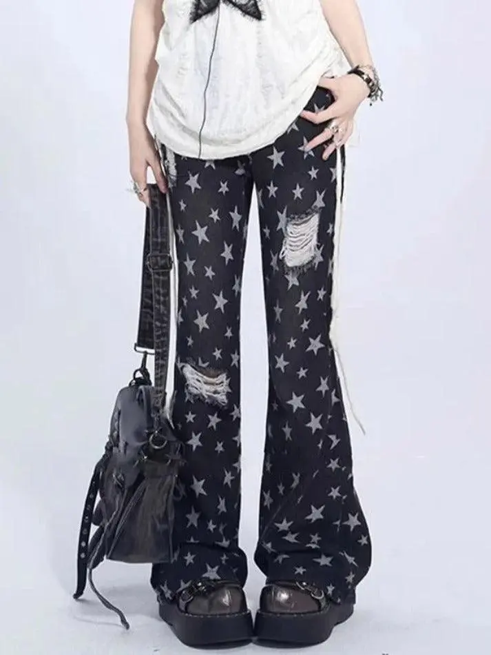 Vintage Star Print Ripped Flare Jeans