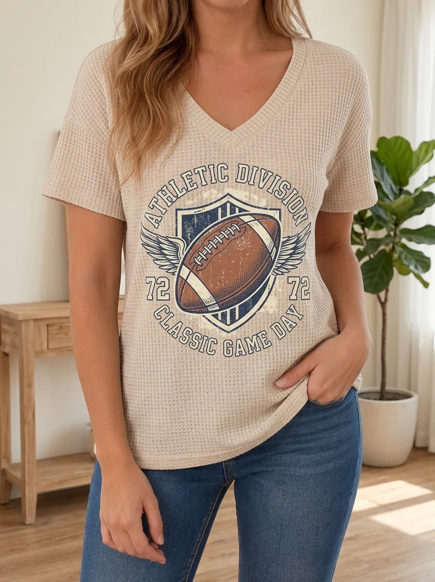 Women's Football Lover Athletic Division Winged Ball Printed Waffle Top