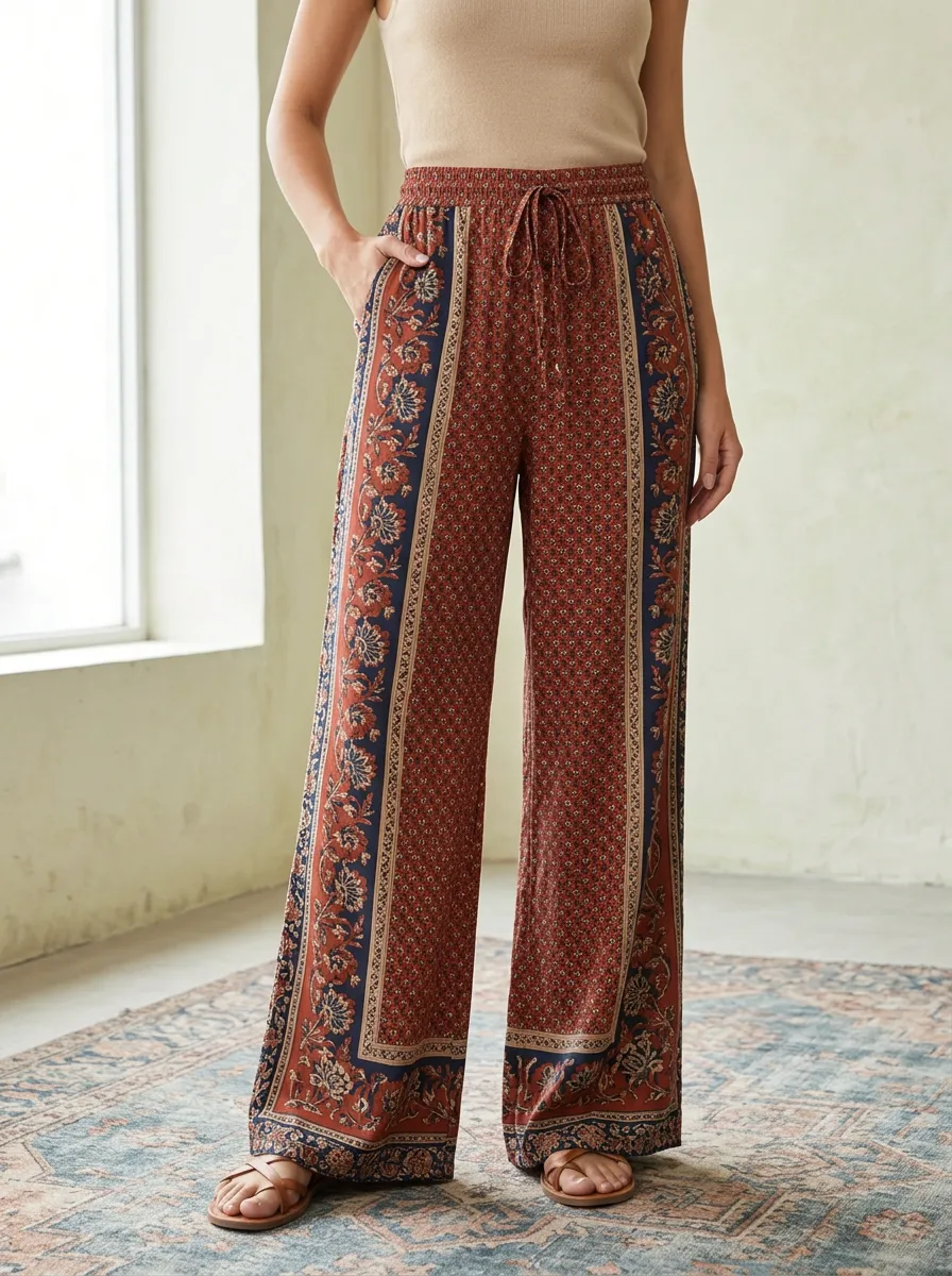 Women's Boho Floral Patterned Wide Leg Printed Pants