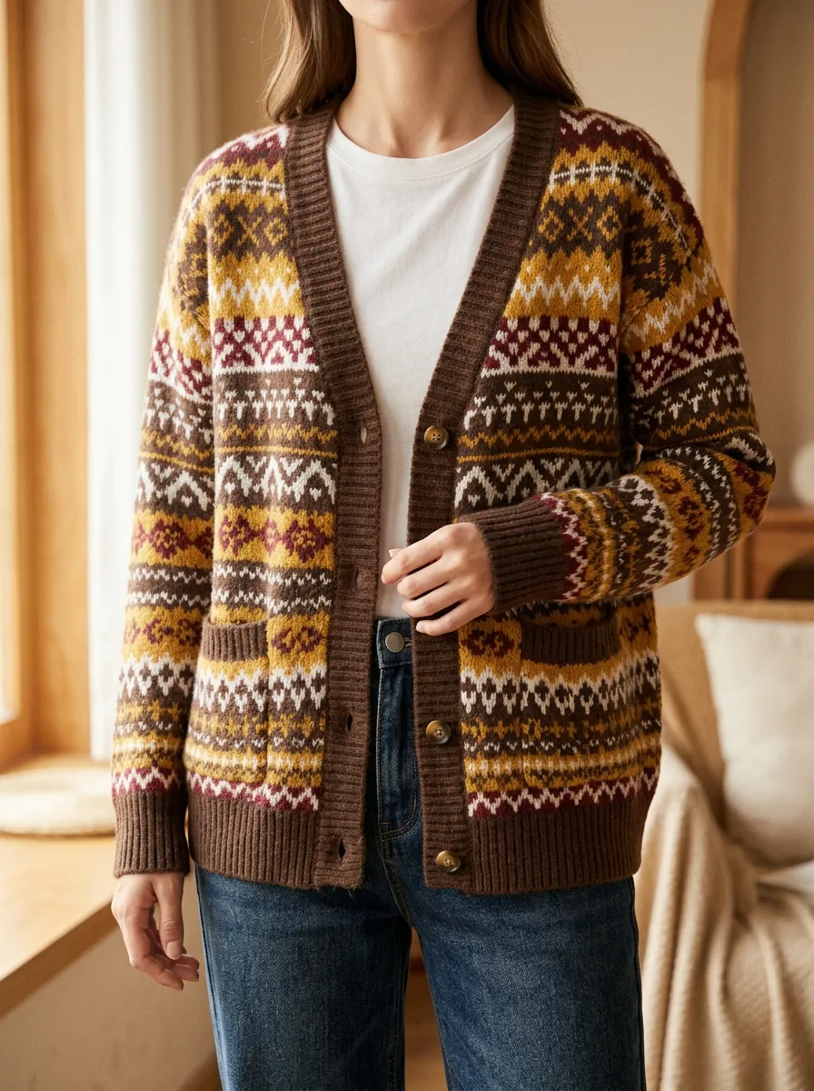 Women's Vintage Fair Isle Pattern Printed Button Front Relaxed Everyday Cardigan