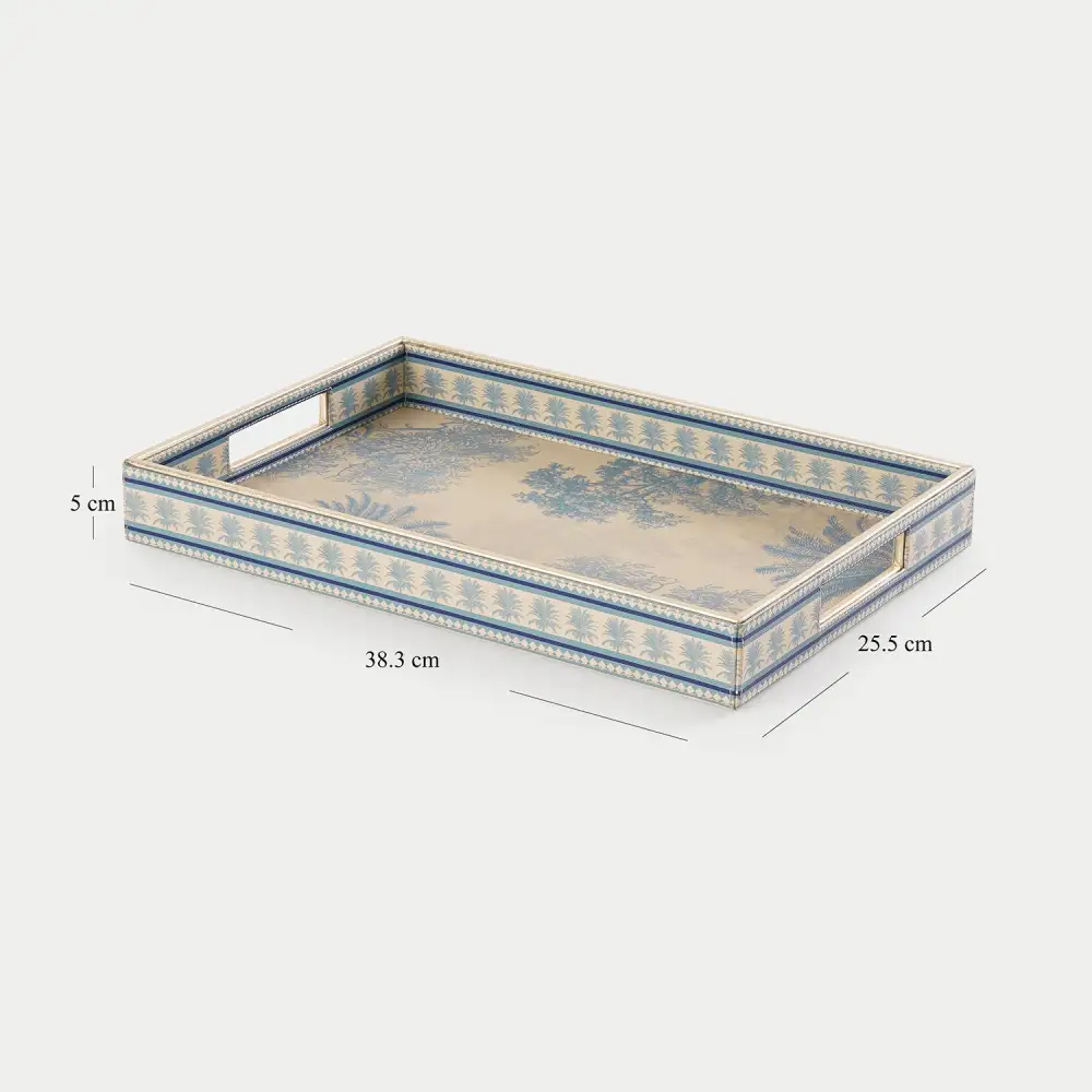 Blue Rectangular Faux Leather Tray