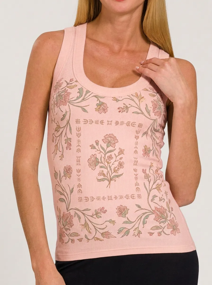 Women's Vintage Floral Botanical Frame Printed Ribbed Tank Top
