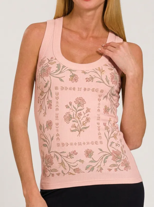 Women's Vintage Floral Botanical Frame Printed Ribbed Tank Top