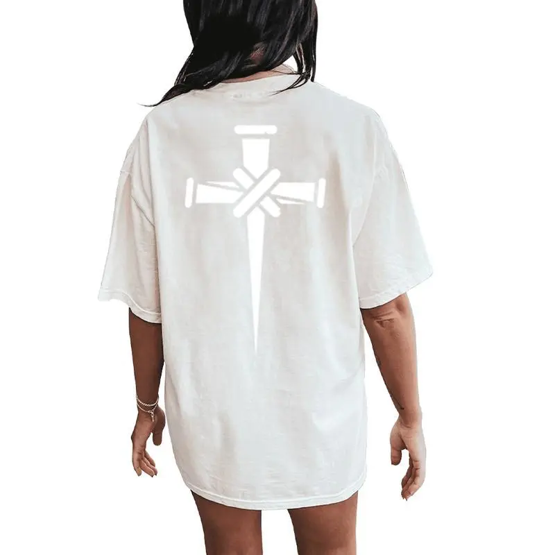 Christian Minimalist Religious Cross Calvary Three Nails Women's Oversized Comfort T-Shirt Back Print