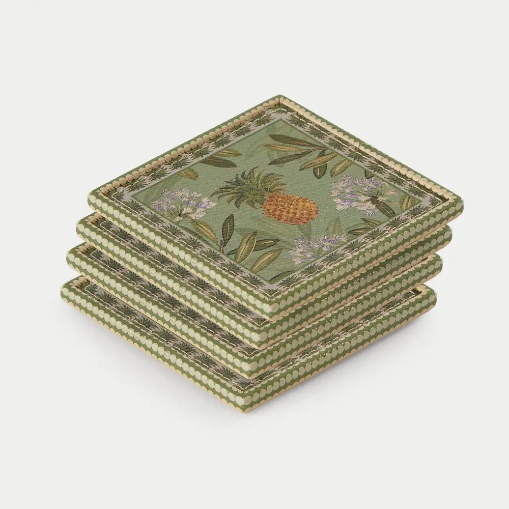 Green Pineapple Faux Leather Coaster Set