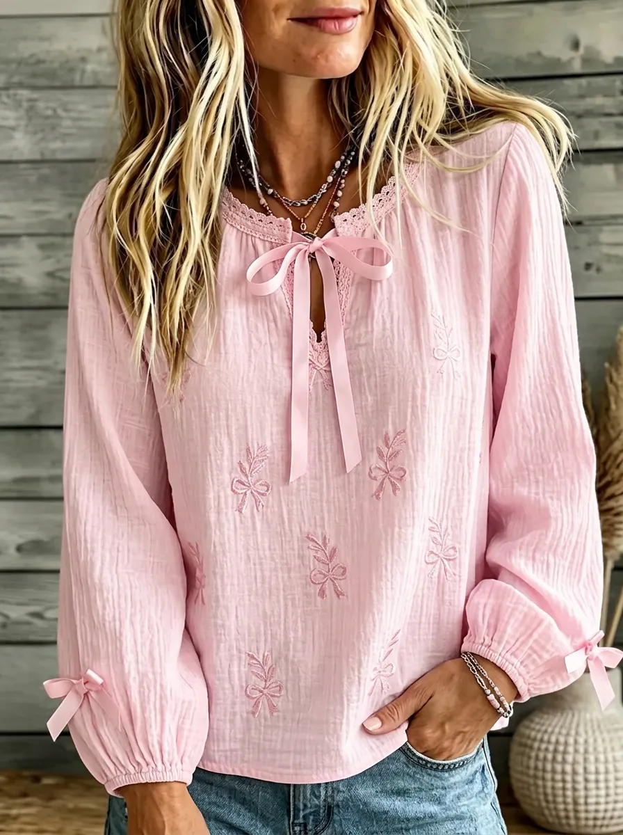 Women's Pink Bowknot Aesthetic Embroidered Printed Top