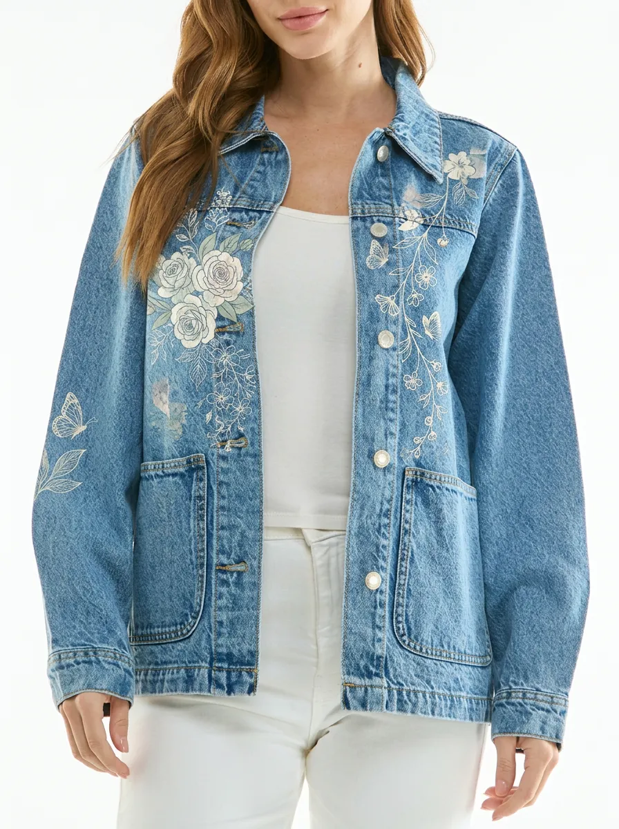 Women's Floral Butterfly Botanical Printed Denim Jacket