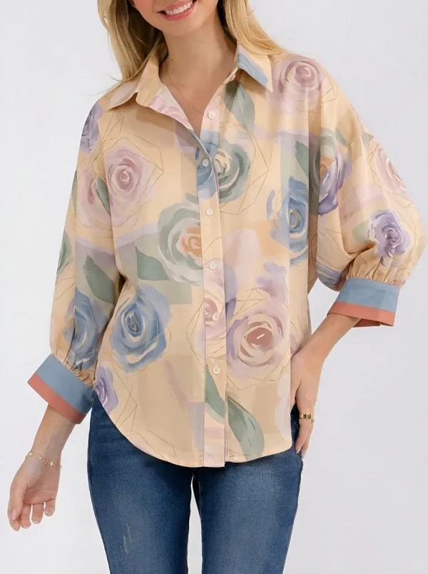 Women's Floral Art Watercolor Rose Printed Button-Down Shirt