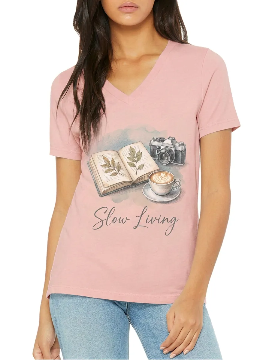 Women's Slow Living Book Camera Coffee Printed V-neck T-shirt
