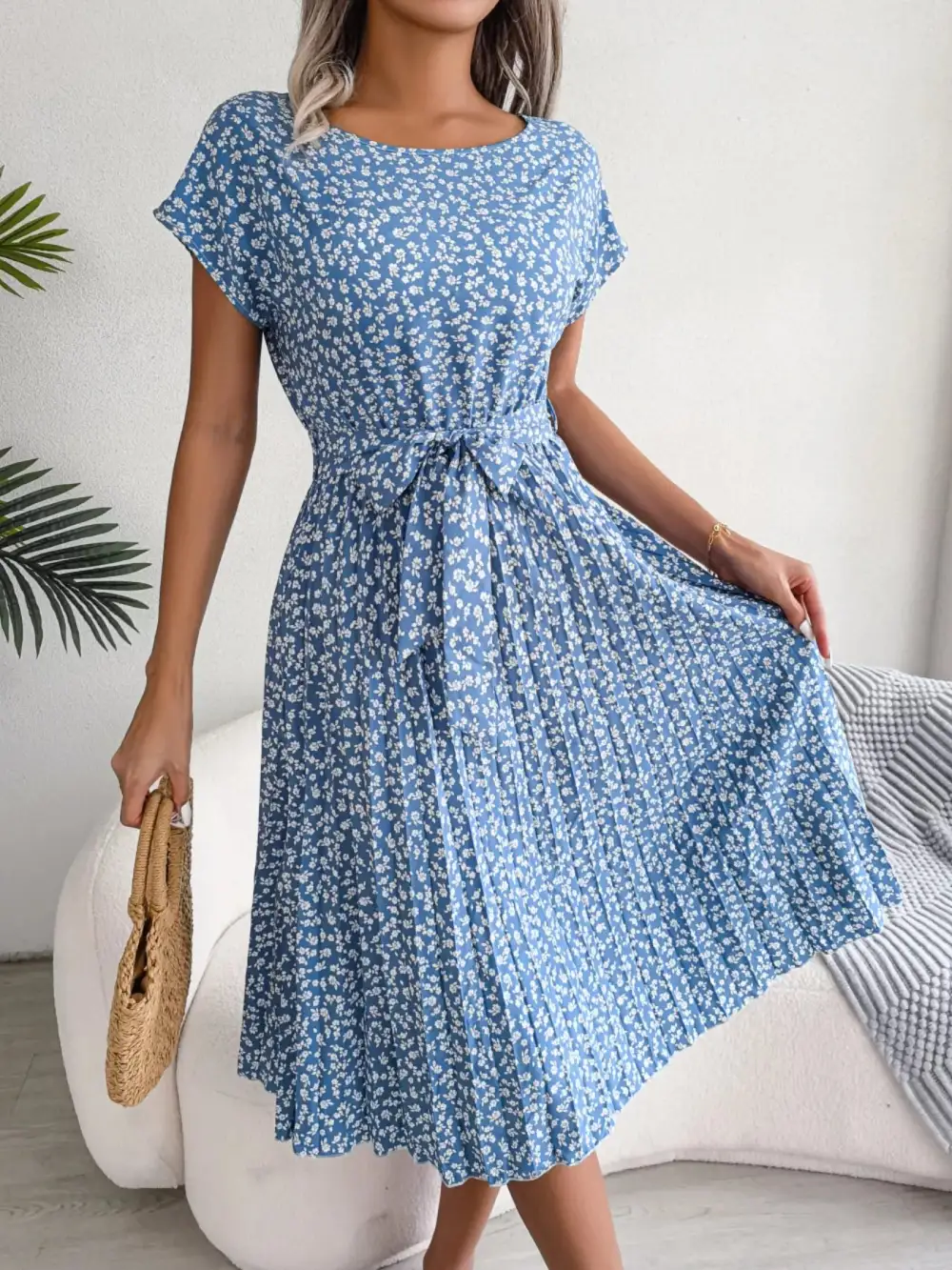 Pleated Midi Dress with Belt