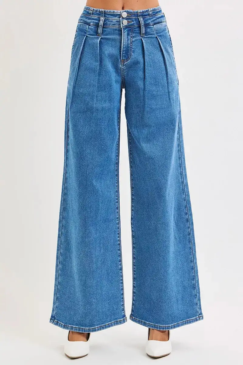 Full Size Mid Rise Fit Wide Leg With Pleated Detail Jeans Plus Size