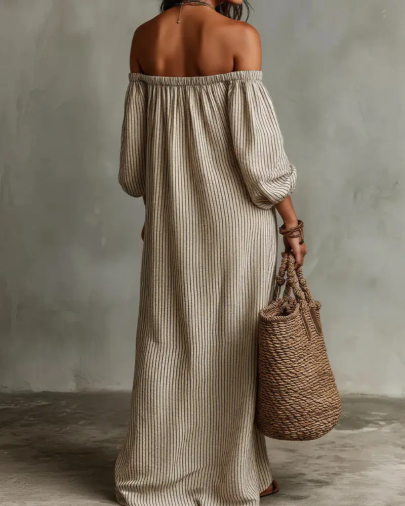 Striped Off-Shoulder Linen Resort Maxi Dress