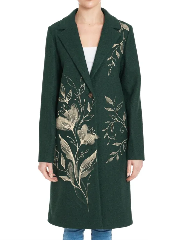 Women's Floral Art Botanical Grey Printed Wool Coat