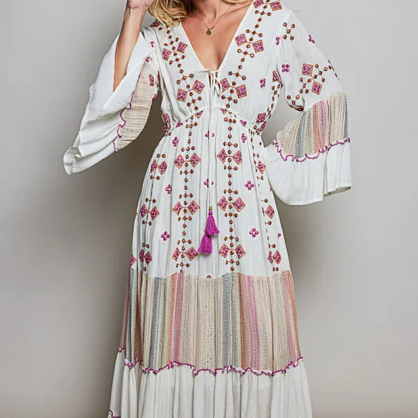 Tiered Long Sleeve V-Neck Dress