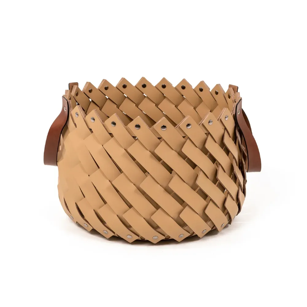 Sculptural Leather Strips Basket with Handles