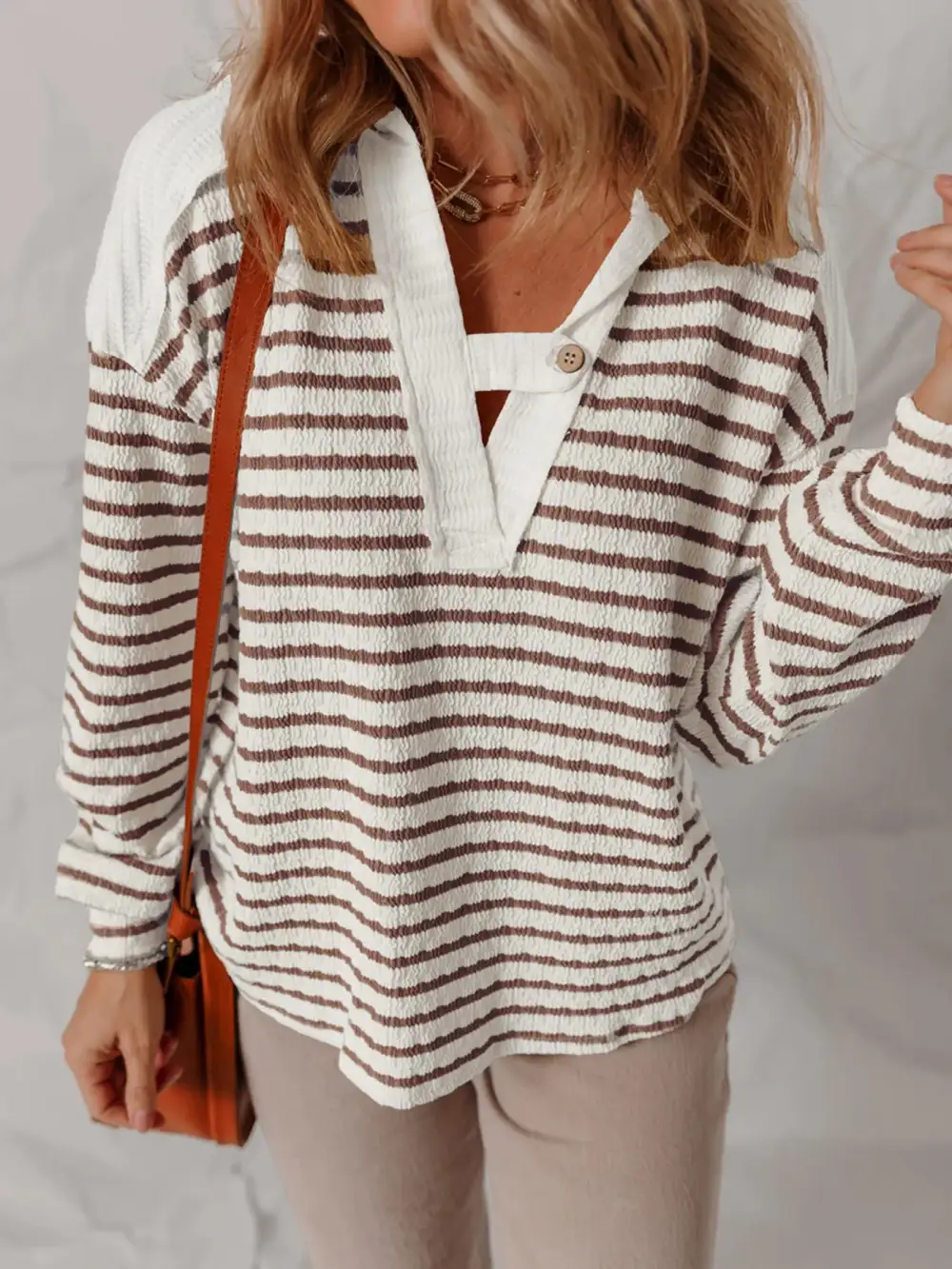 Buttoned Long-Sleeve Knit Striped Hoodie