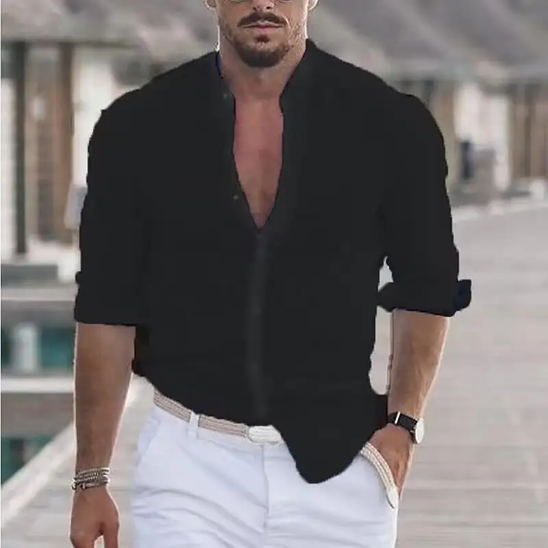 Men's Casual Linen Shirt With Modern Stand-up Collar And Roll-up Sleeves