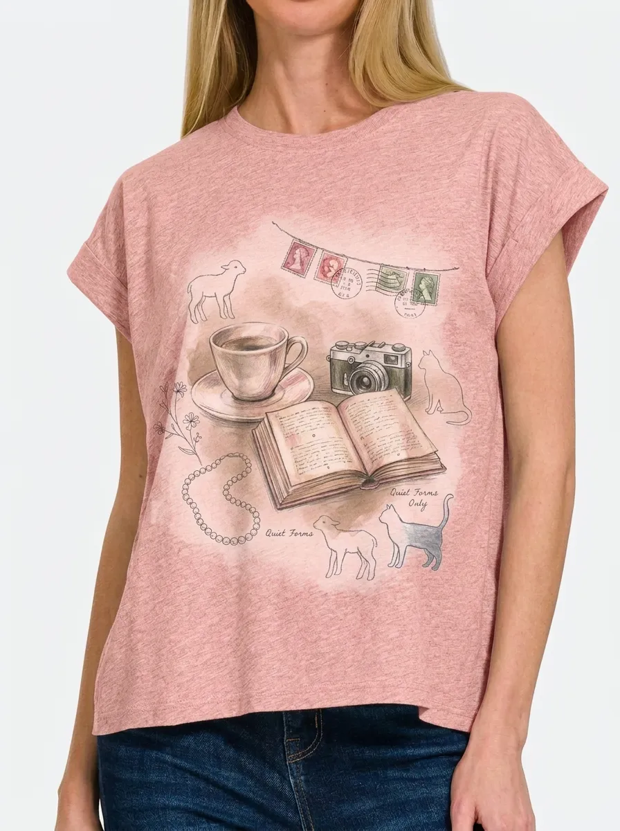 Women's Vintage Aesthetic Book Coffee Camera Printed T-shirt