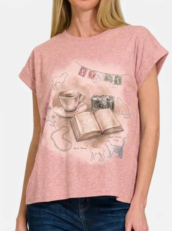 Women's Vintage Aesthetic Book Coffee Camera Printed T-shirt