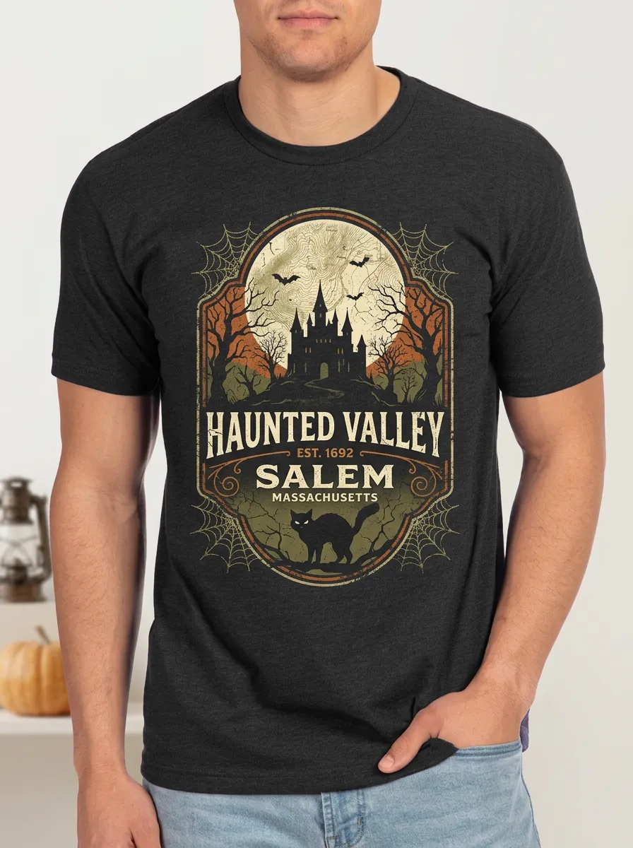 Men's Halloween Salem Haunted Valley Black Cat Printed T-shirt