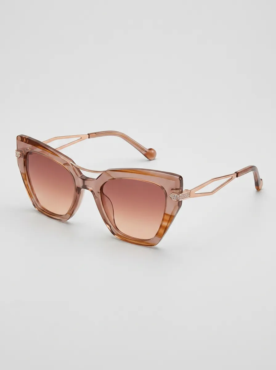 Women's Fashion Cat Eye Brown Gradient Rhinestone Metal Temple Sunglasses