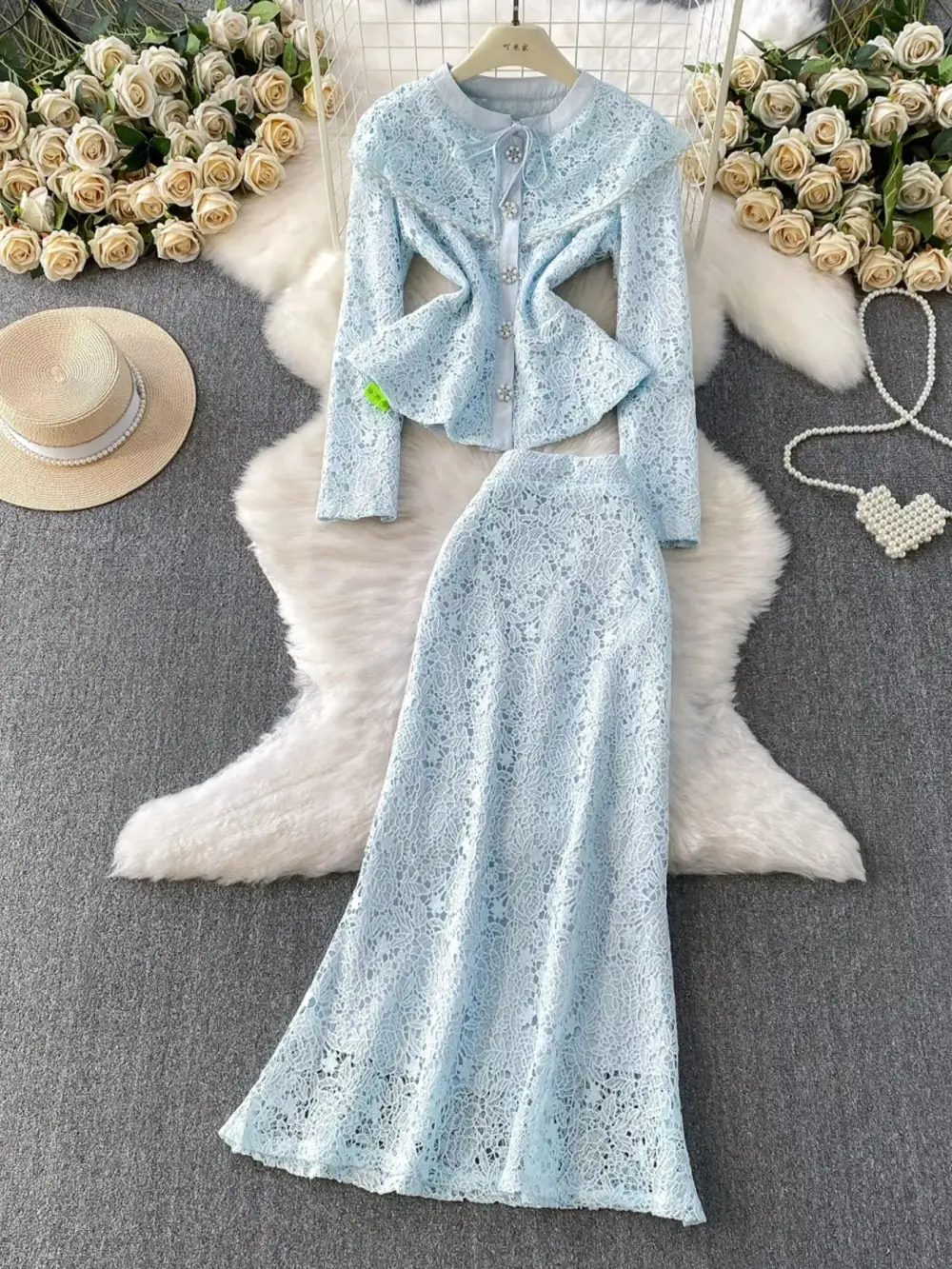 Graceful Lace Button Up Top And Skirt Set