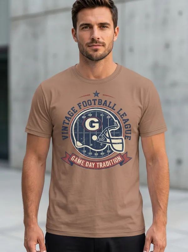 Men's Football Lover Vintage League Helmet Printed T-Shirt