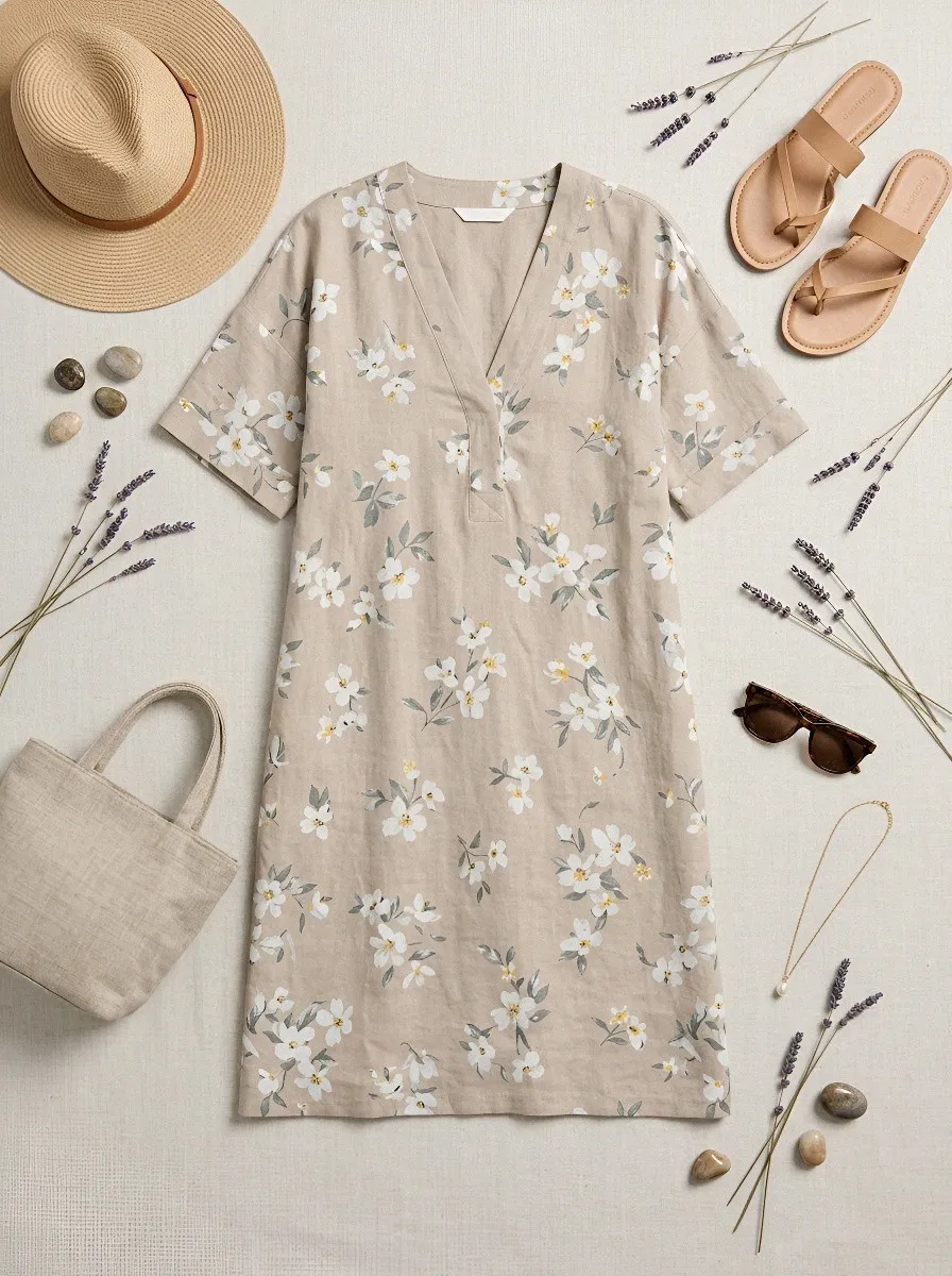 Women's Summer Vacation White Floral Beige Printed Dress