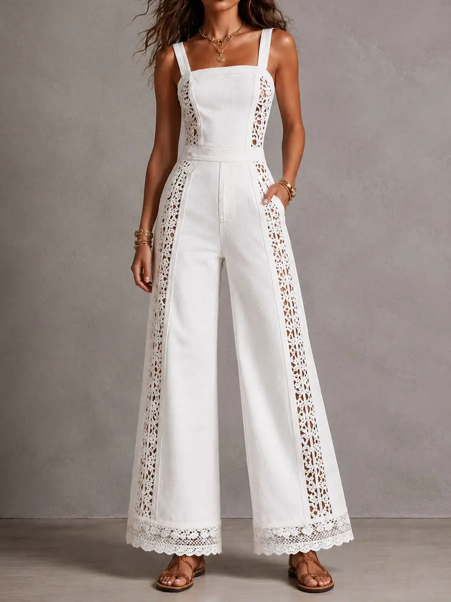 Boho White Denim Square Neck Crochet Lace Wide Legs Jumpsuit