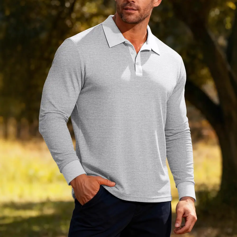 Waffle Texture Button Placket Long Sleeve Slim Fit Polo Shirt