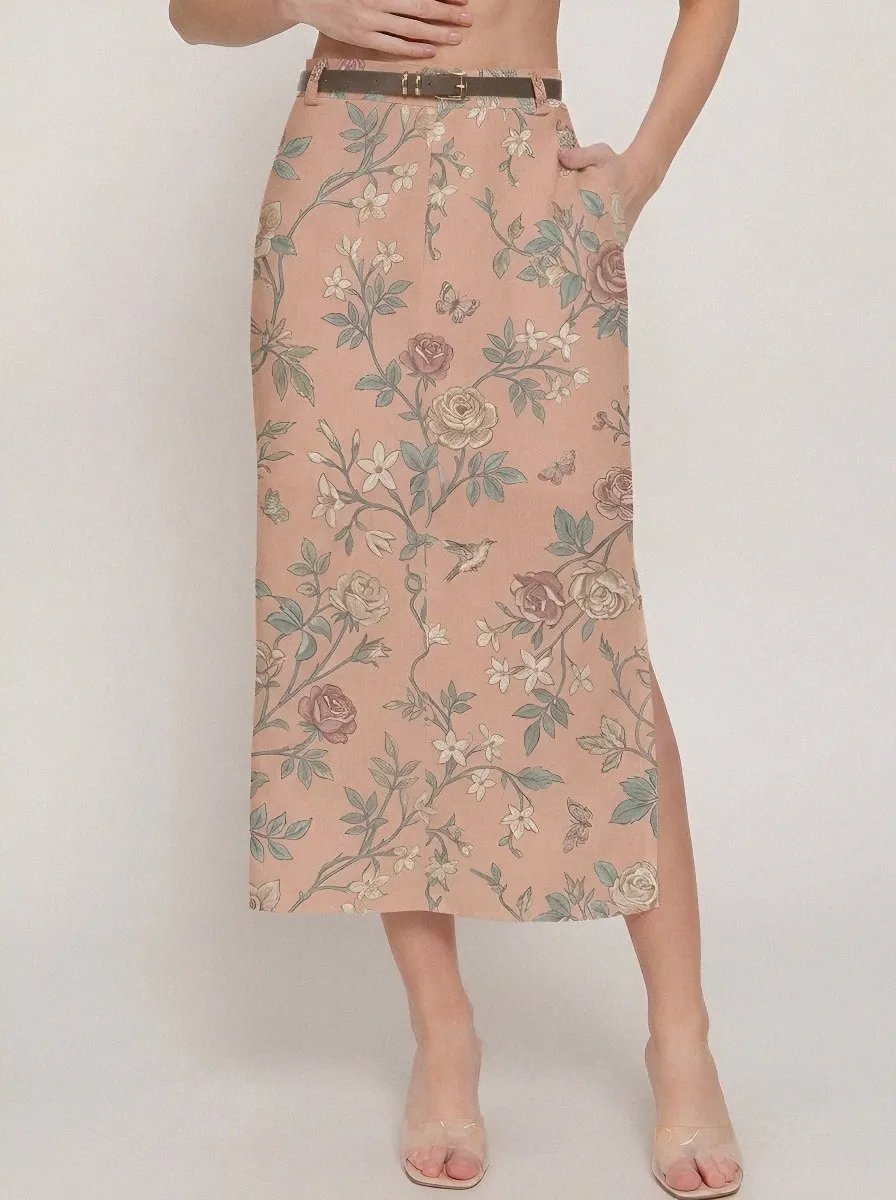 Women's Side-Pocket Floral Butterfly Botanical Printed Midi Skirt
