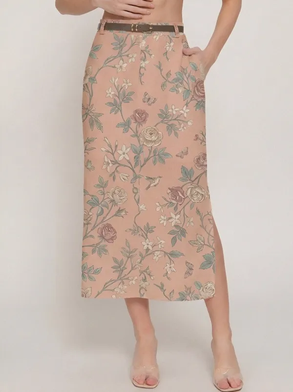 Women's Side-Pocket Floral Butterfly Botanical Printed Midi Skirt