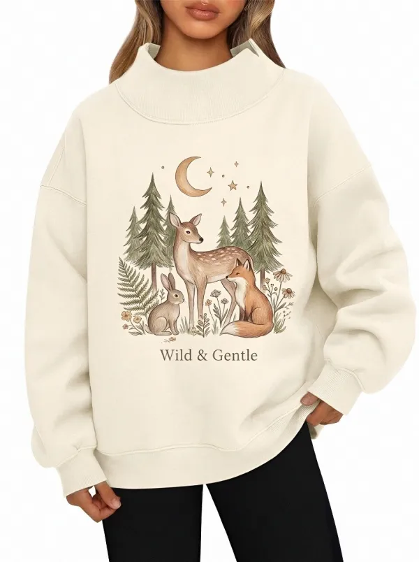 Women's Nature Lover Forest Animal Deer Fox Rabbit Printed Sweatshirt