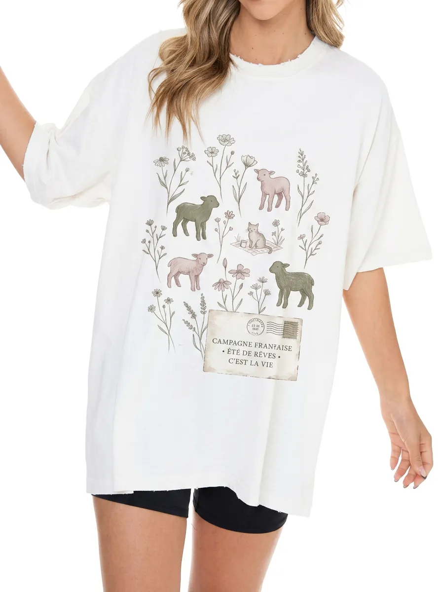 Women's French Countryside Lamb Floral Postcard Printed T-shirt
