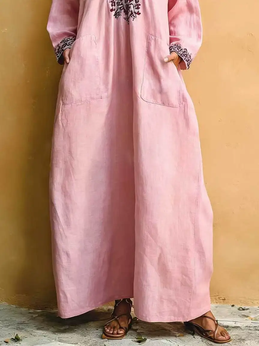 Pink Minimalist Holiday Print V-neck Loose Maxi Dress
