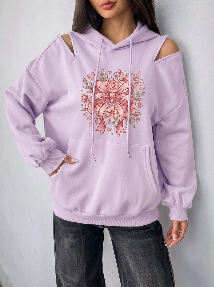 Women's Breast Cancer Awareness Pink Ribbon Floral Printed Cold Shoulder Hoodie