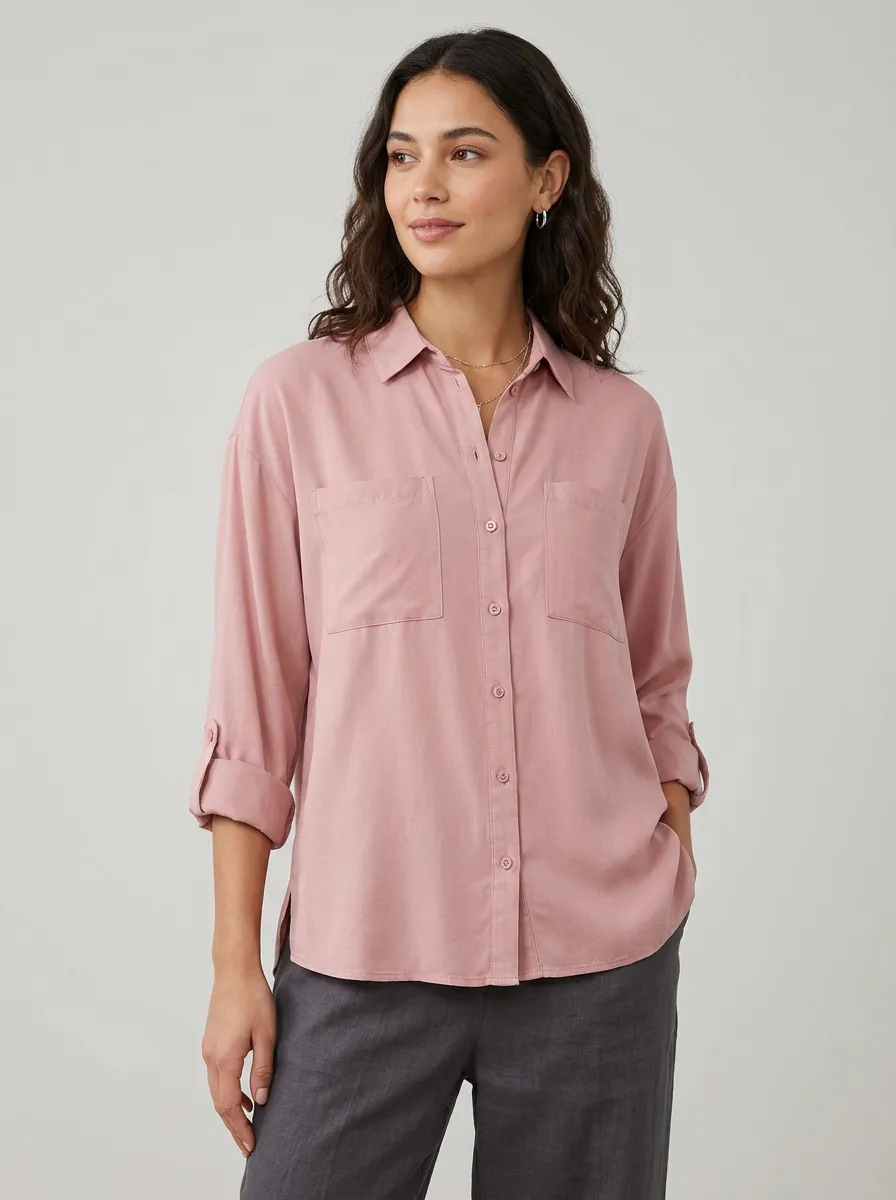 Women's Casual Pink Solid Color Button Down Long Sleeve Shirt