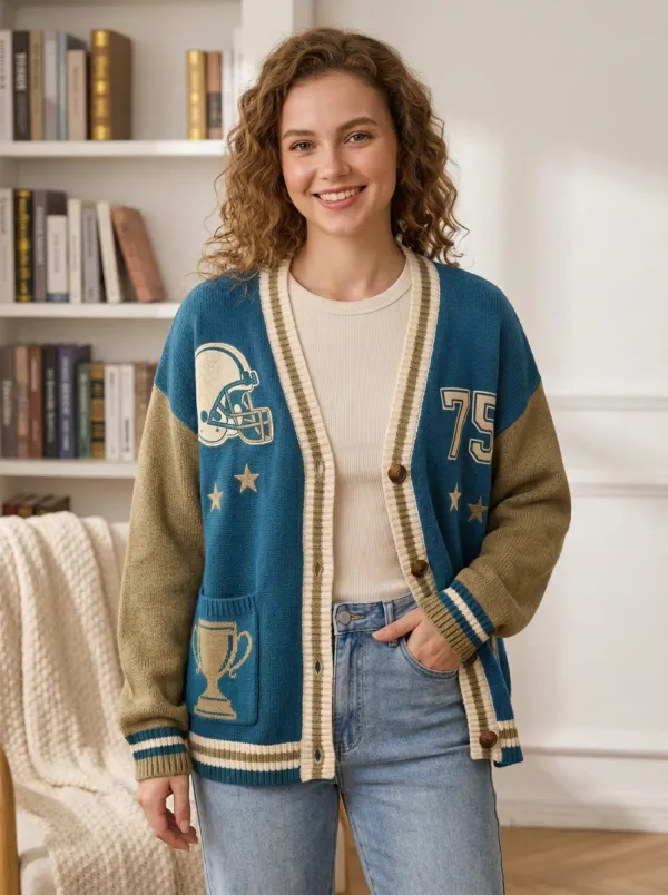 Women's Football Fan Helmet Trophy 75 Pattern Knitted Cardigan