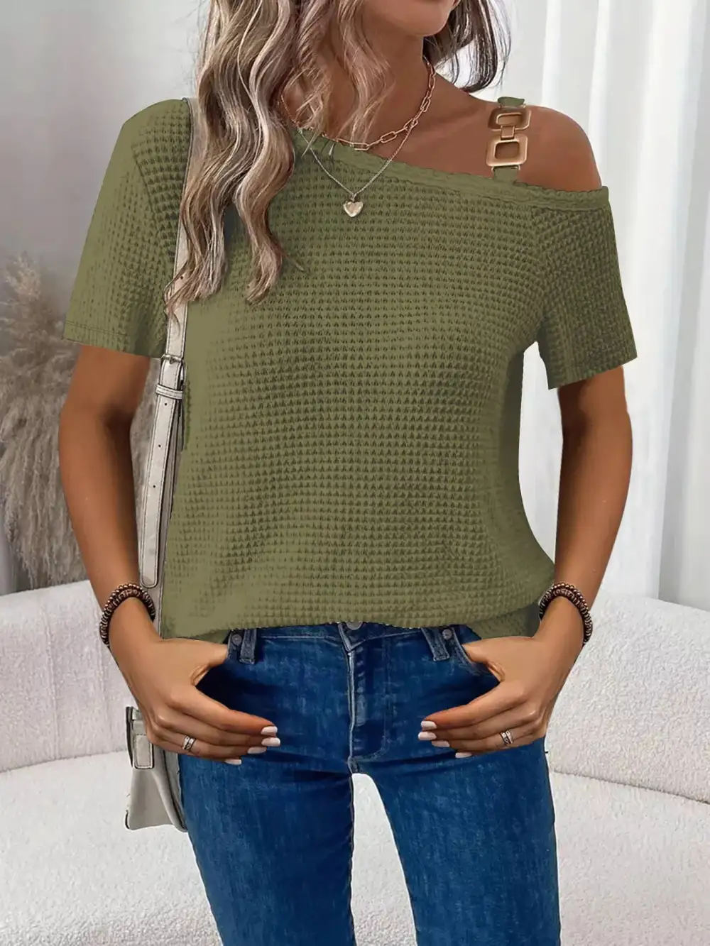 One Shoulder Chain Detail Waffle Knit Blouse