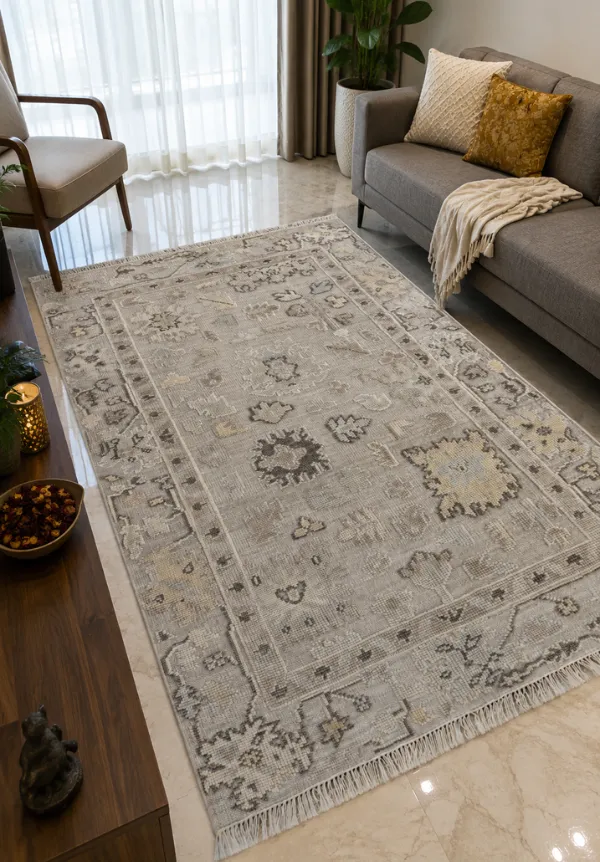 Crafted Oushak Inspired Minimal Wool Area Rug