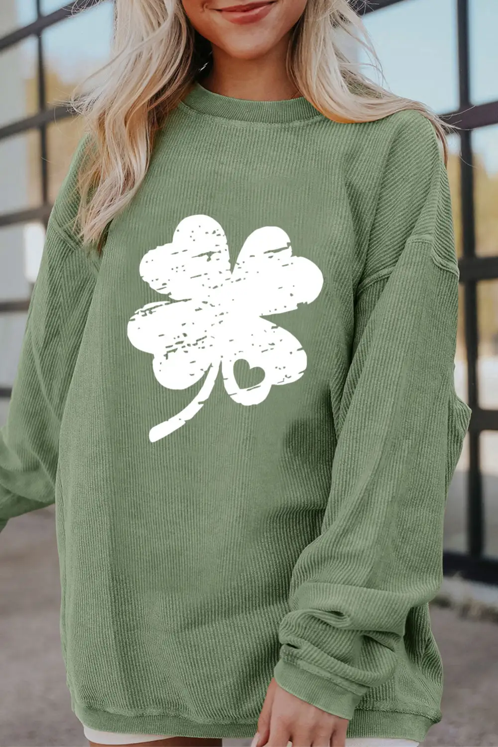 Distressed Clover Print St Patricks Corded Sweatshirt