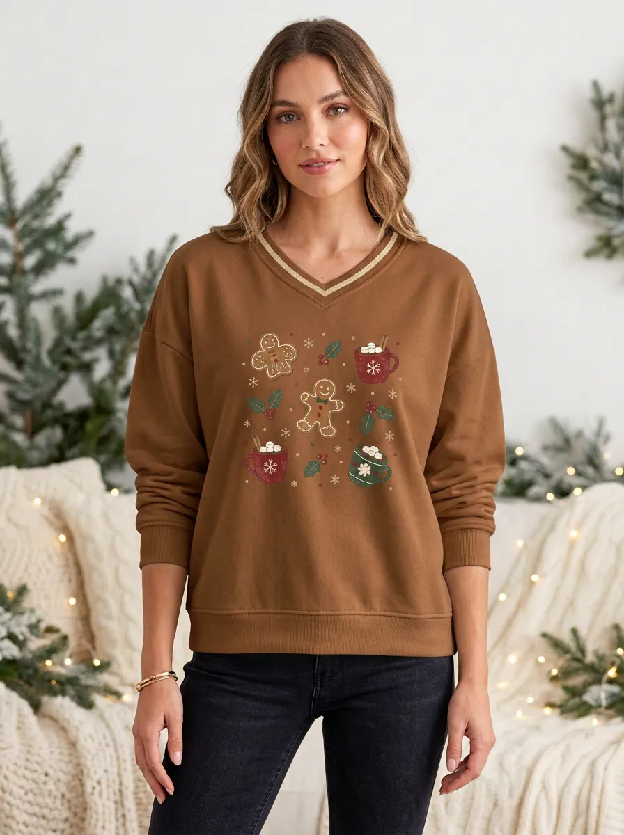 Festive Christmas Gingerbread Cocoa Print Sweatshirt