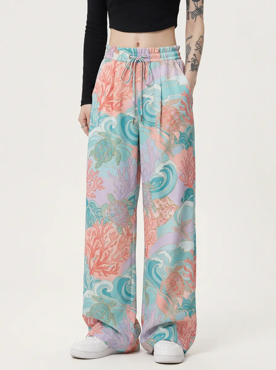 Women's Ocean Lover Sea Turtle Coral Printed Wide Leg Pants