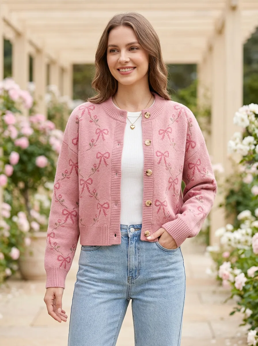 Women's Whimsical Floral Coquette Ribbon Bow Printed Cardigan