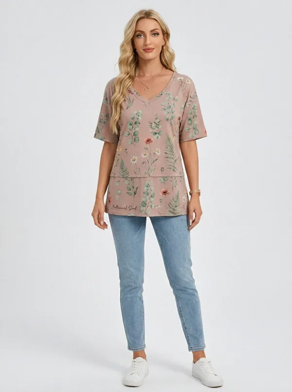 Women's Botanical Soul Floral Fern Printed V-Neck T-Shirt