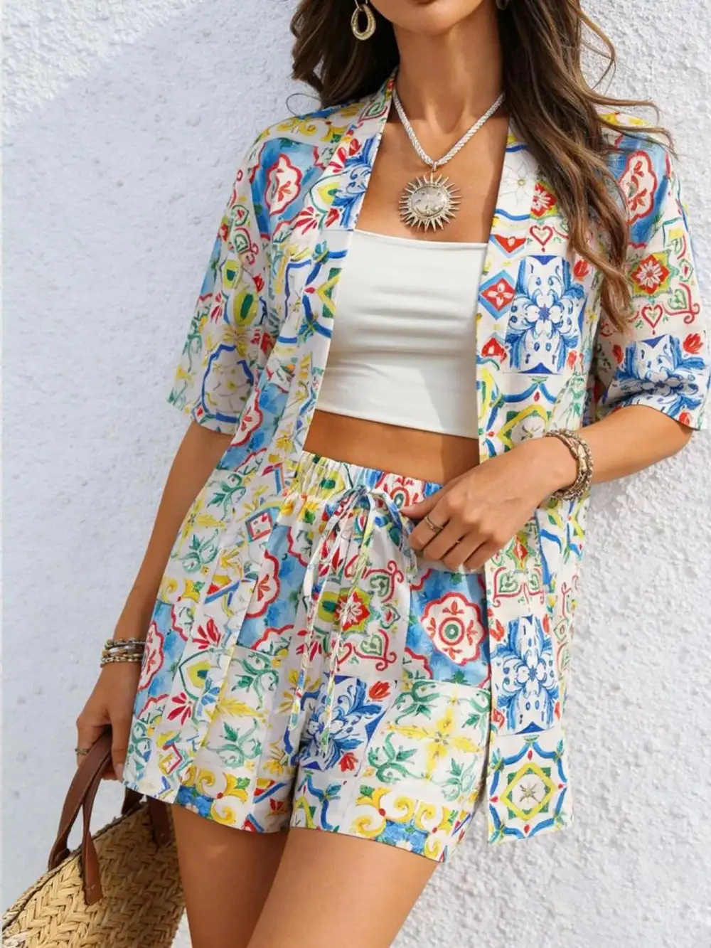 Printed Button Up Shirt Shorts Set