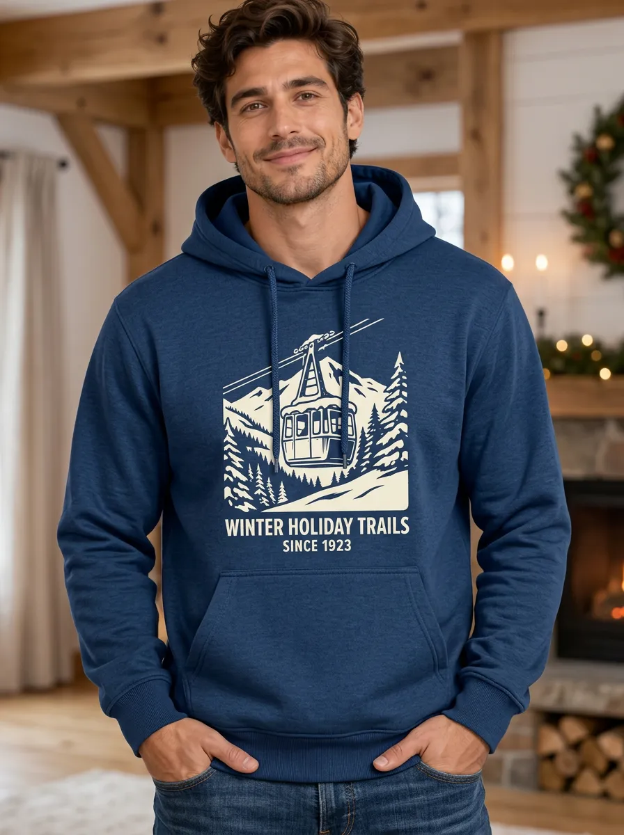 Men's Winter Holiday Skiing Cable Car Printed Hoodie