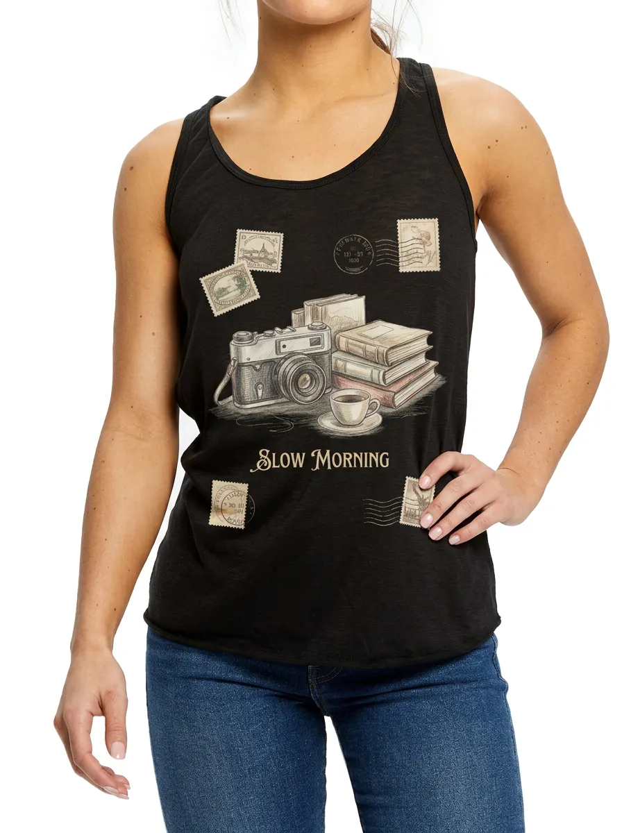 Women's Slow Morning Camera Books Coffee Stamp Printed Tank Top