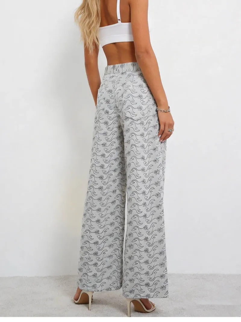 Abstract Jacquard Button Waist Wide Leg Denim Pants