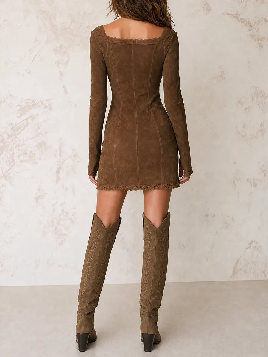 Brown Suede Zip Detail Mini Dress